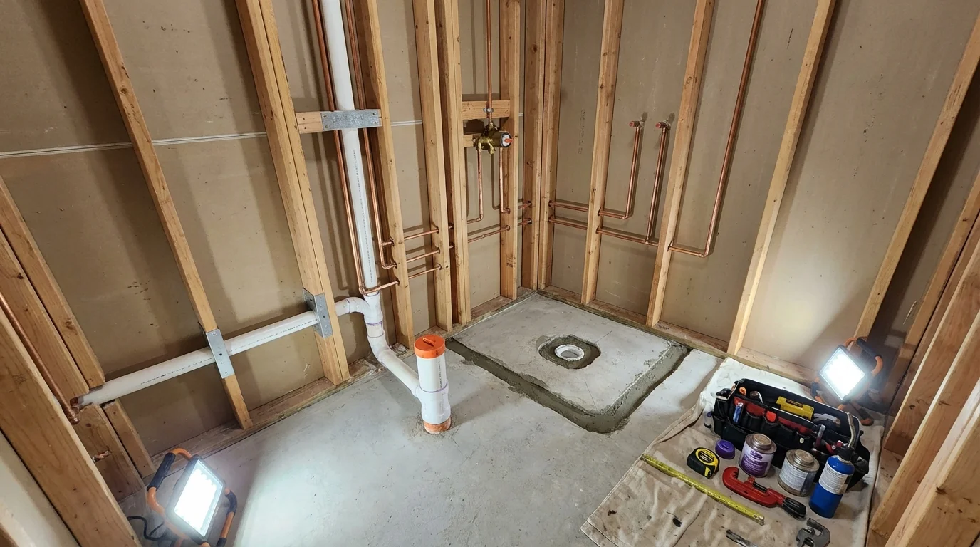 Bathroom rough-in plumbing during remodel by Johns Plumbing LLC in White Mountain Lake