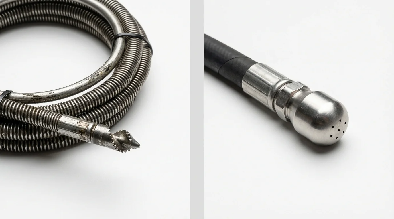 Drain snake cable and hydro jetting nozzle used for drain cleaning in White Mountain Lake, AZ