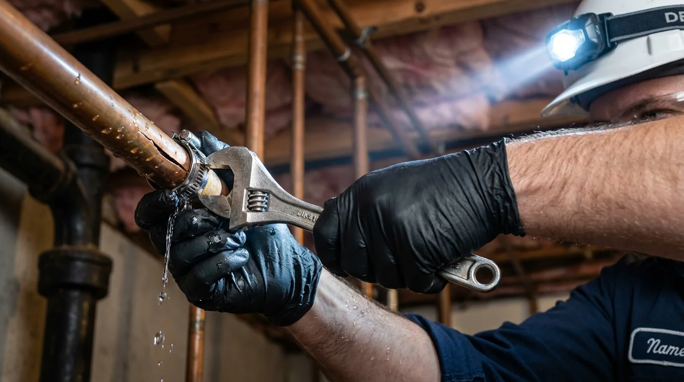 Emergency pipe clamp repair being performed by a Johns Plumbing LLC plumber in White Mountain Lake
