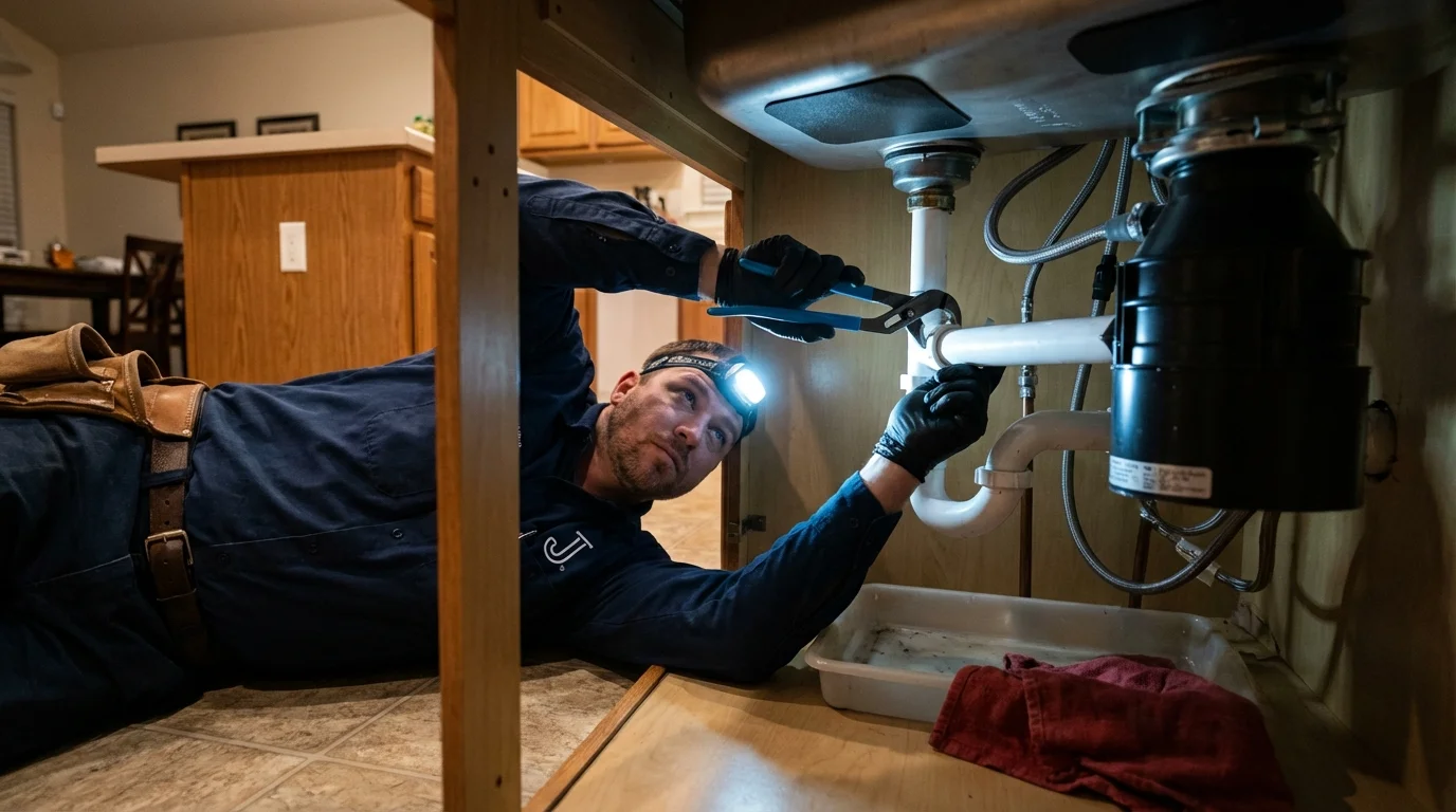 P-trap and supply line connections under a kitchen sink showing a common leak point in White Mountain Lake, AZ